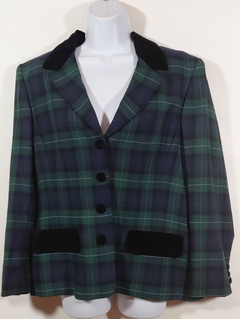 Liz Claiborne Green and Navy Plaid Wool Blazer with Black Velvet Trim Size 12